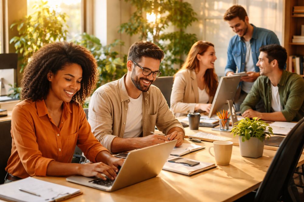 Collaborative teamwork in a bright office